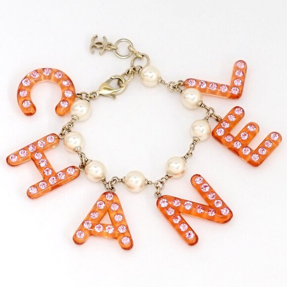 CHANEL CC Logo Charm Pink Rhinestone Pearl Bracelet 8.3" Gold Tone - Picture 1 of 6